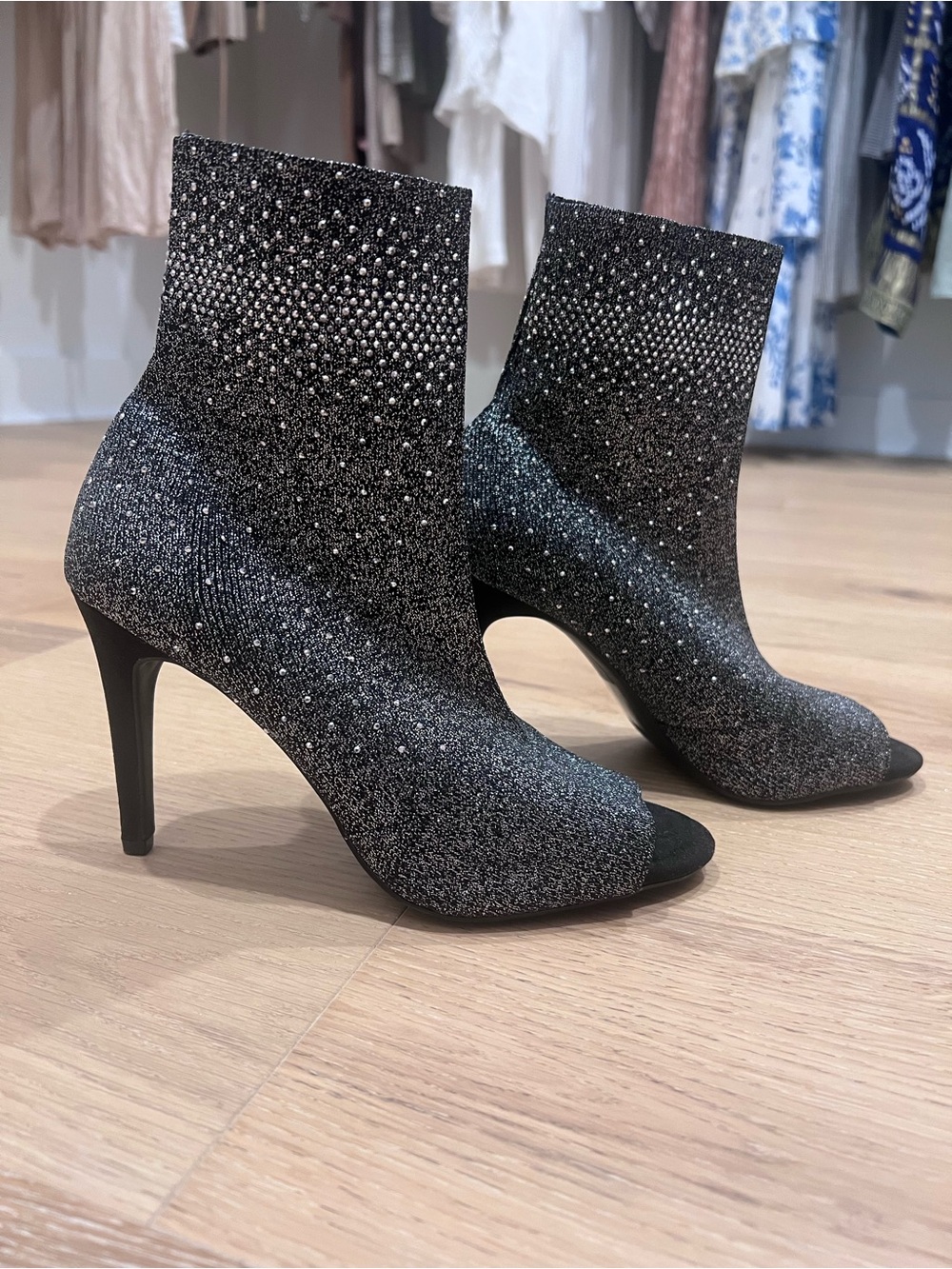 INC International Concepts Black Glitter Knit Stiletto Booties